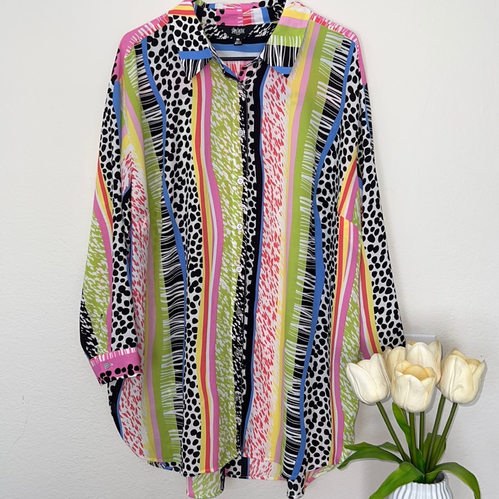 Multi Color Button Down Blouse 2x - image 1